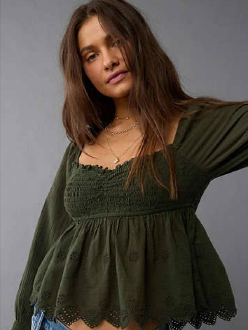 American Eagle Outfitters Olive Babydoll Smocked Blouse, size large